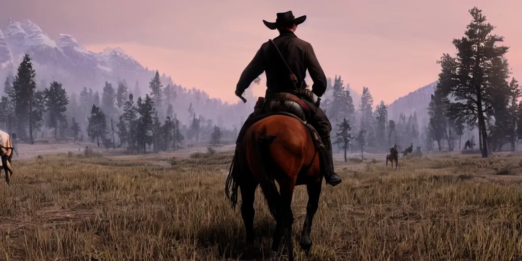 Image similar to still of a man riding a horse into an old west town surrounded by farmland and woods, snow capped mountains in the background, red dead redemption, 4 k, realistic, very beautiful, digital art, elegant, highly detailed