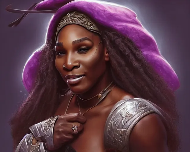 Image similar to mindblowing, serena williams as a female warlock, black wizard hat, robes, deep focus, d & d, fantasy, intricate, elegant!!, beautiful, highly detailed, digital painting, artstation, concept art, matte, sharp, illustration, hearthstone, art by artgerm and greg rutkowski and alphonse mucha