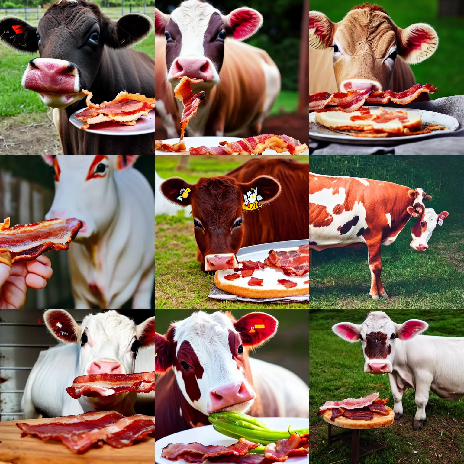 Prompt: A baby cow happily eating a slice of bacon