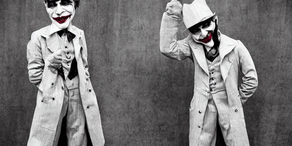 Image similar to joker wearing clothes in the style of directoire style, photograph, grinning, creepy,