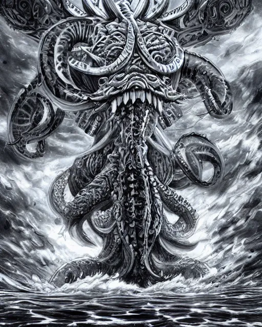 Image similar to A huge blue kraken in a vast sea, terrifying, black and white, fantasy art, monster art, in the style of masami kurumada, illustration, epic, fantasy, intricate, hyper detailed, artstation, concept art, smooth, sharp focus, ray tracing