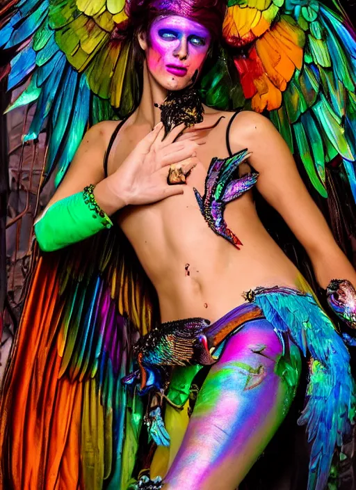 Prompt: a swashbuckling pirate! wearing iridescent body paint, posing with an iridescent parrot, fashion photo 2 0 2 2