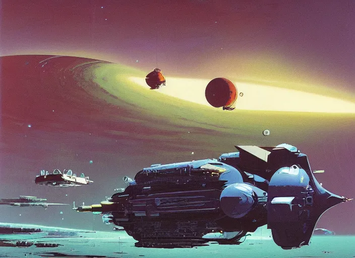 Image similar to a huge vividly - coloured spacecraft in an empty landscape by martin deschambault, dean ellis, peter elson, chris foss, josan gonzalez, david a hardy, john harris, wadim kashin, angus mckie, bruce pennington, retro 1 9 6 0 s sci - fi art