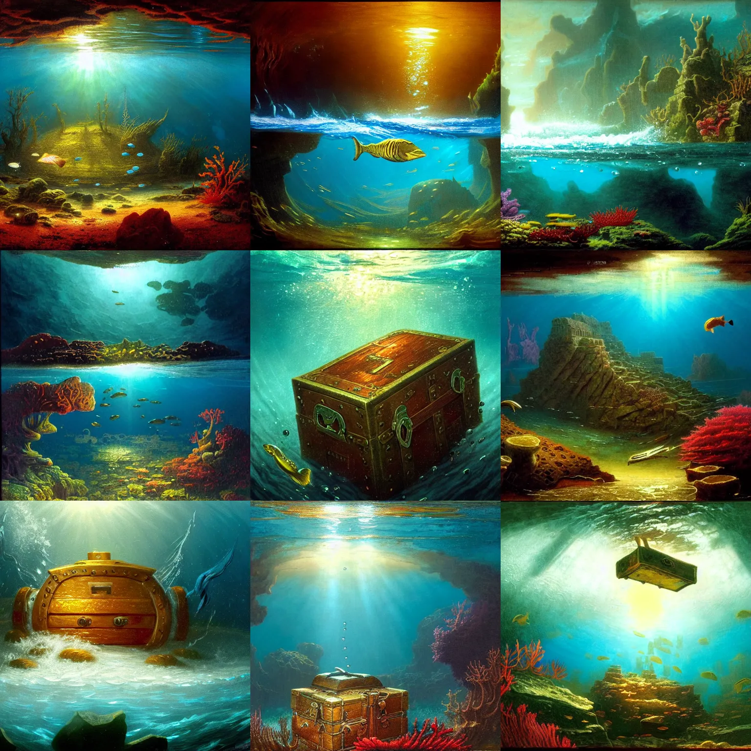 Prompt: amazing high quality image depicted treasure chest deep under water in an atlantic ocean, 8 mm, great composition, rich environment, spirited water plants, art by john howe and andreas rocha and martin johnson heade and albert bierstadt