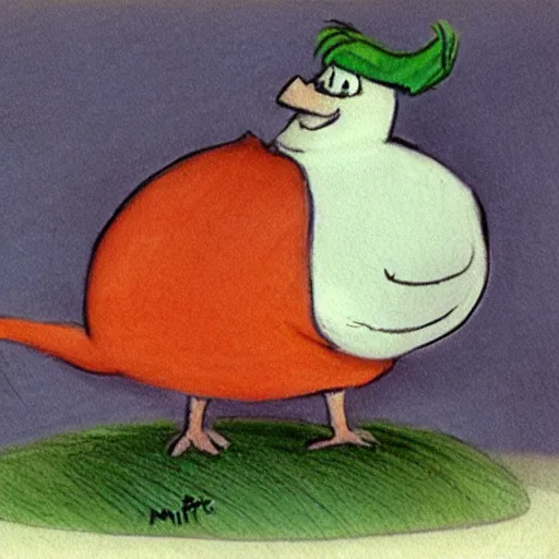 Image similar to funny fat bird resting under mushroom by milt kahl, cartoon pencil sketch