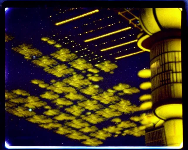 Image similar to low angle shot of a space station at night, aquatic plants, coral, shabby chic, cinematography by Jim Jarmusch, composition by Moebius, in the style of Lin Xiao, set design by Antonin Gaudí, 35mm, polaroid, color film photography, soundtrack by Pink Floyd, written by James Joyce