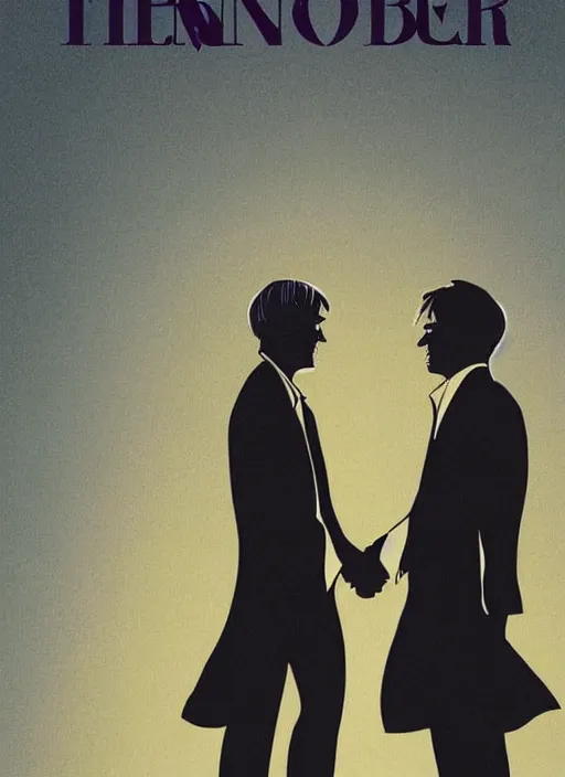 Prompt: portrait of Mads Mikkelsen and Hugh Dancy holding hands romantically as they chaperone school dance by Michael Whelan, Bob Larkin and Tomer Hanuka, simple illustration, domestic, nostalgic, clean, full of details, by Makoto Shinkai and thomas kinkade, Matte painting, trending on artstation and unreal engine, New Yorker magazine cover, 1980s romance book cover