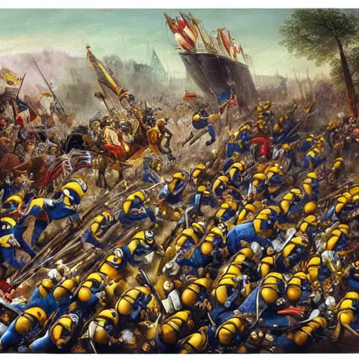 Image similar to painting of the minions fighting alongside napoleon, highly detailed