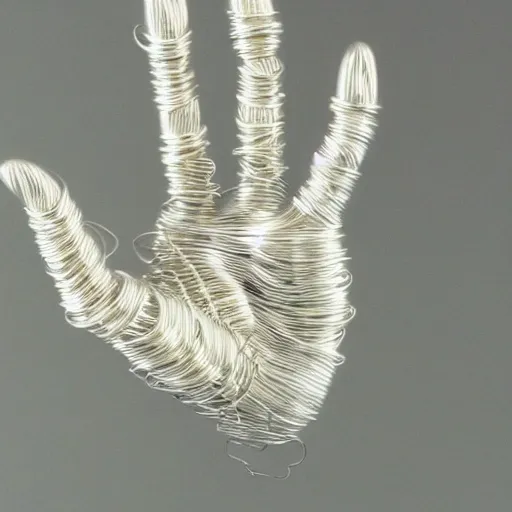 Image similar to realistic silver metal detailed wire sculpture of a human hand, intricate, anatomically correct