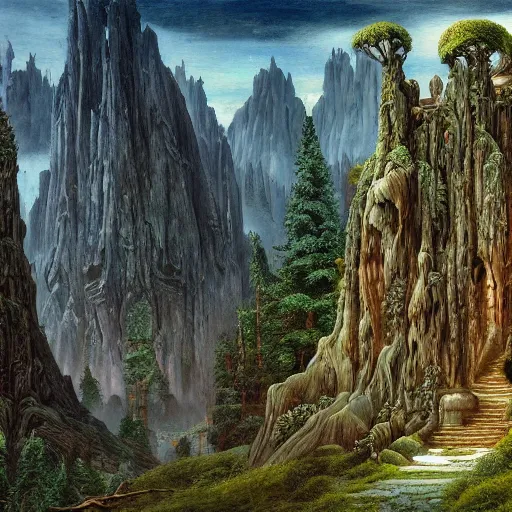 Prompt: a beautiful and highly detailed oil painting of an elven temple in the mountains, detailed trees and cliffs, intricate details, epic scale, insanely complex, 8 k, sharp focus, hyper realism, by caspar friedrich,