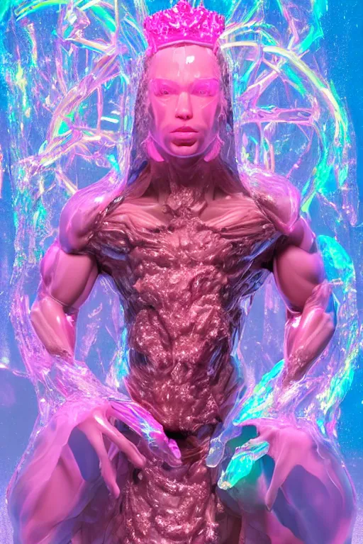 Prompt: hyper detailed ultra sharp fullbody photo of baroque and cyberpunk transparent pink gem sculpture of a muscular seductive muscular italian man feeling muy cachondo, muy dotado, iridescent humanoid deity wearing pink plastic seethrough cloak, holding a rainbow tiger gem, blue diamond, glowing pink face, crown of white diamonds, cinematic lighting, photorealistic, octane render 8 k