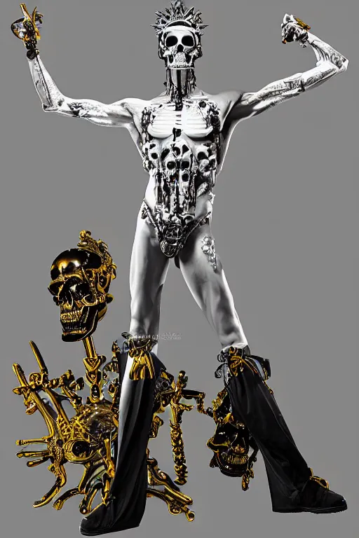 Prompt: full-body baroque and cyberpunk style neon statue of a young attractive (slender muscular Spanish macho bem dotado) e rico android ((sim roupa)) reclining (con pernas aberta e piroca dura) leite, glowing (((white laser))) eyes, prince crown of iridescent skulls, ruby, swirling gold-colored silk fabric. futuristic elements. full-length view. space robots. human skulls. intricate artwork by caravaggio. Trending on artstation, octane render, cinematic lighting from the right, hyper realism, octane render, 8k, depth of field, 3D