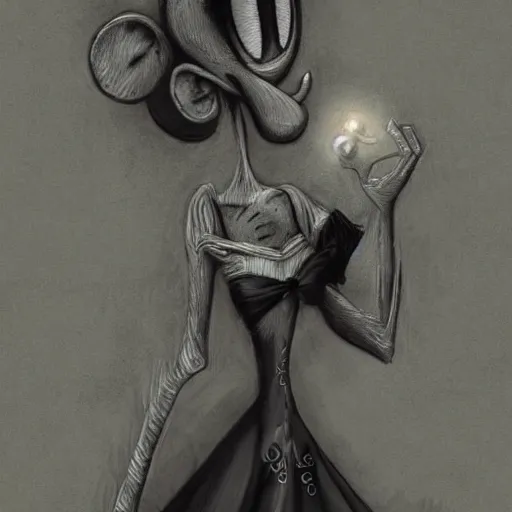 Image similar to michael karcz grunge drawing of mickey mouse. , in the style of corpse bride, loony toons style, horror themed, detailed, elegant, intricate, trending on artstation, 4k