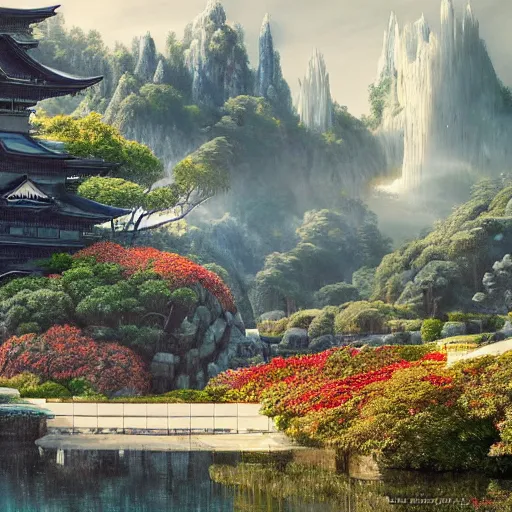 Prompt: Brutalist futuristic Japanese castle, valley of Eden at Dawn, amazing cinematic concept painting, by Jessica Rossier , Gleaming White, overlooking a valley, Himeji Rivendell Garden of Eden, wildflowers and grasses, terraced orchards and ponds, lush fertile fecund, fruit trees, birds in flight, animals wildlife