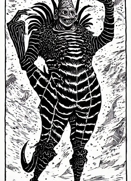 Image similar to beetlejuice, as a d & d monster, full body, pen - and - ink illustration, etching, by russ nicholson, david a trampier, larry elmore, 1 9 8 1, hq scan, intricate details, inside stylized border