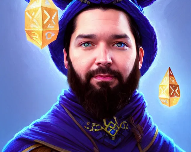 Prompt: mindblowing portrait of alexis ohanian as a wizard, blue wizard hat, deep focus, symmetrical face, d & d, fantasy, intricate, elegant, highly detailed, digital painting, artstation, concept art, matte, sharp, illustration, hearthstone, art by artgerm and greg rutkowski and alphonse mucha