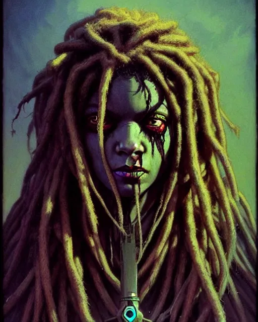 Prompt: sojourn from overwatch, dreadlocks, white hair, african canadian, character portrait, portrait, close up, concept art, intricate details, highly detailed, horror poster, horror, vintage horror art, realistic, terrifying, in the style of michael whelan, beksinski, and gustave dore