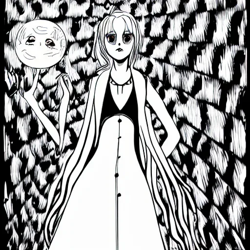 Prompt: Luna Lovegood in the style of Junji Ito. Manga. Black and white. Gothic. Horror. Exquisitely detailed. 4K.