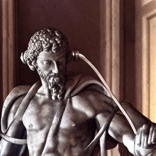 Image similar to A photo of Michelangelo’s sculpture of David wearing headphones DJing