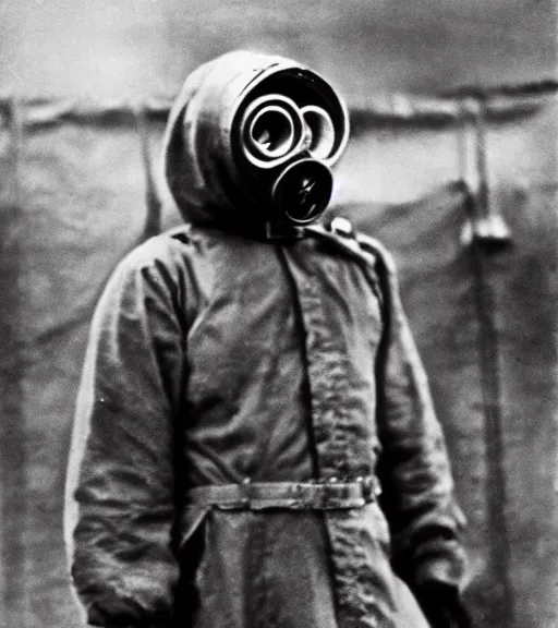Prompt: man in a anti-radiation hazmat suit and optical gasmask holding geiger counter, ww1 film photo, grainy, high detail, high resolution