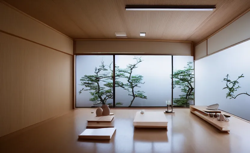 Image similar to futuristic minimalist japanese living room, japanese flower arrangements, coherent composition, architecturally accurate, architecture photography, 8 k