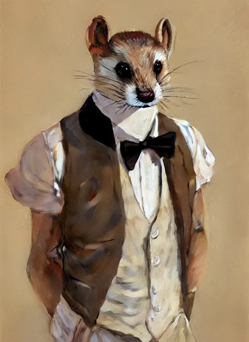 Image similar to Character portrait of a happy furry anthro stoat wearing a white shirt, tan vest, bowtie, and black slacks in the desert wilderness, intricate, elegant, highly detailed, digital painting, artstation, concept art, smooth, sharp focus, illustration, art by Krenz Cushart and Artem Demura and alphonse mucha