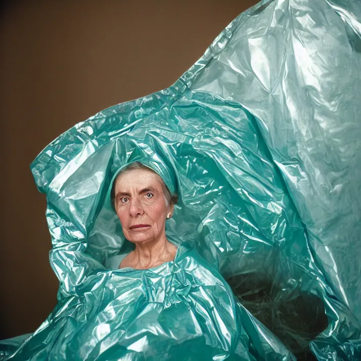 Image similar to closeup portrait of a woman wrapped in teal cellophane, standing in a derelict planetarium, color photograph, by paula rego, canon eos c 3 0 0, ƒ 1. 8, 3 5 mm, 8 k, medium - format print