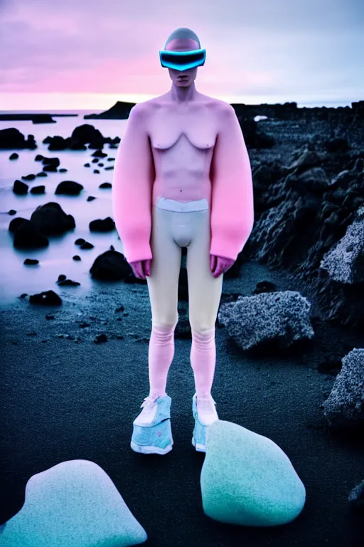 Image similar to high quality pastel coloured film wide angle selfie photograph of an androgynous cyber model standing in an icelandic black rock environment. three point light. photographic. art directed. pastel colours. volumetric light. stark. rocks. waves. 8 k. filmic.