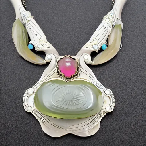 Prompt: beautiful old artnouveau lalique made necklace with gemstones