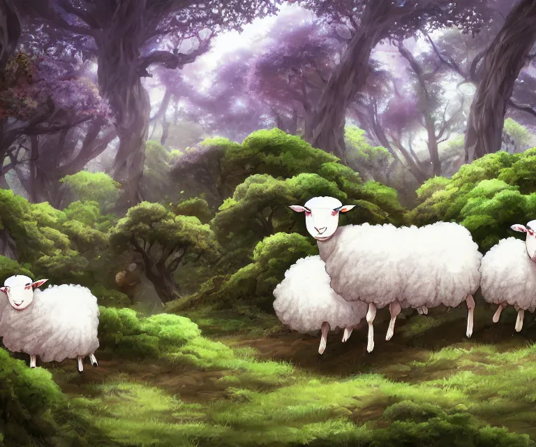 Image similar to sheep in a forest, anime fantasy illustration by tomoyuki yamasaki, kyoto studio, madhouse, ufotable, comixwave films, trending on artstation