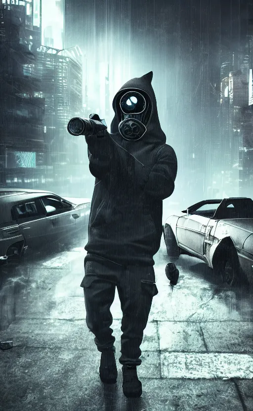 Prompt: wolf gang, cyberpunk, gray hoodie, photo group, old car, abandoned warehouse, weapon, drugs, flex, relative position, gasmask, non fiction stability, intricate, elegant, 8 k, uhd, justify, artstation, concept art, matte, sharp focus, illustration, consistent, one object content, proportional object content