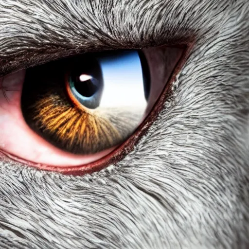 Prompt: closeup of a human eye reflecting an attentive dog, hyperrealistic