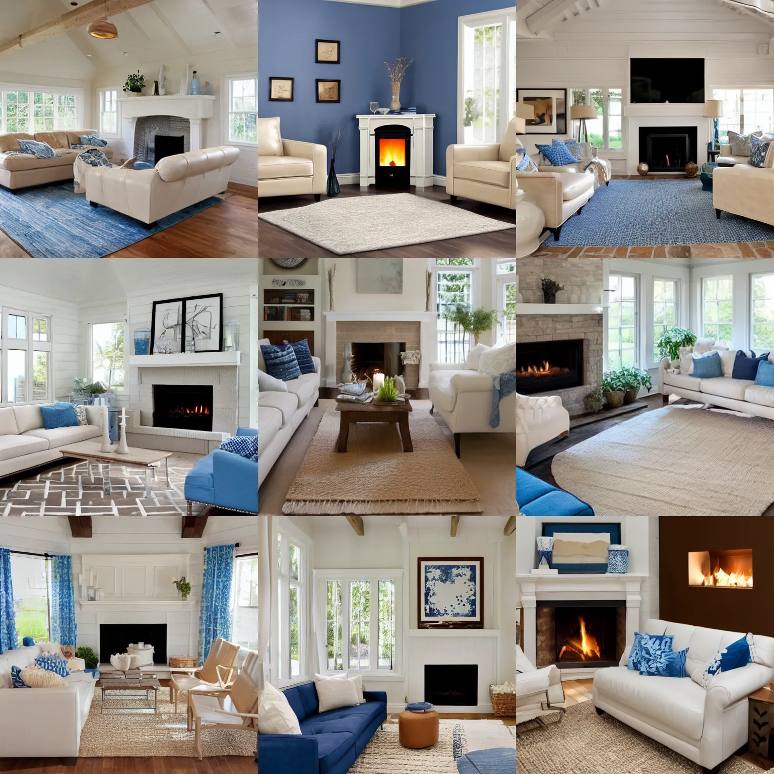 Prompt: Modern cottage light white paint corner fireplace with light tan leather sofa and blue area rug three steps, photo