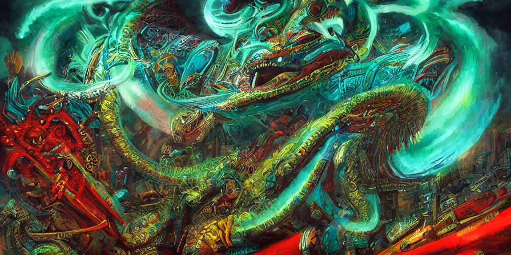 Image similar to Quetzalcoatl  the feathered serpent deity of ancient Mesoamerica by Liam Wong and Boris Vallejo