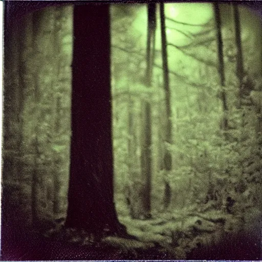 Prompt: alien abduction in a forest at night, old polaroid, expired film, blurry, lost footage, found footage,