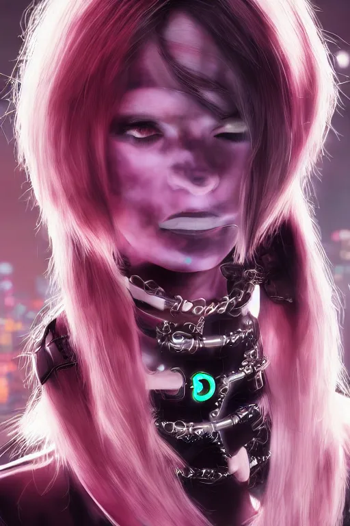 Image similar to detailed realistic female rock star cyberpunk wearing technological collar around neck, realistic, art, beautiful, 4K, collar, choker, collar around neck, punk, artstation, detailed, female, woman, choker, cyberpunk, neon, punk, collar, choker, collar around neck, thick collar, tight around neck, punk,