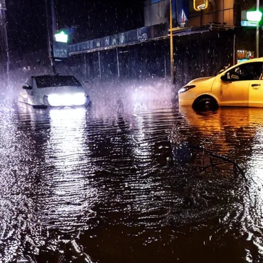 Image similar to seoul city is flooded by heavy rain. A car is middle of the street flooded.