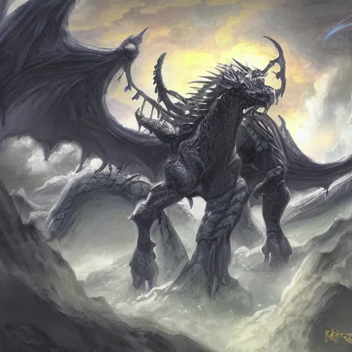 Image similar to thunder dragon colossus, character concept in the style of keith thompson, magic the gathering art