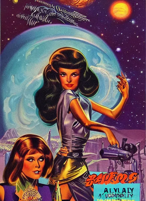 Prompt: Young badass beautiful female space wizard with long hair in 'Valley of the Dolls', retro science fiction cover by Ron Walotsky and Kelly Freas (1965), vintage 1960 print, vivid, detailed
