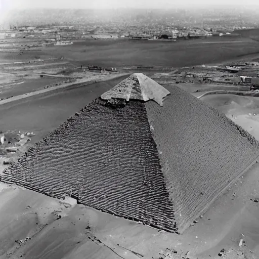 Prompt: an aerial photograph of a pyramid at giza at the early stages of construction with heavy scaffolding clearly visible, the top of the pyramid has not been built and is not visible, dslr