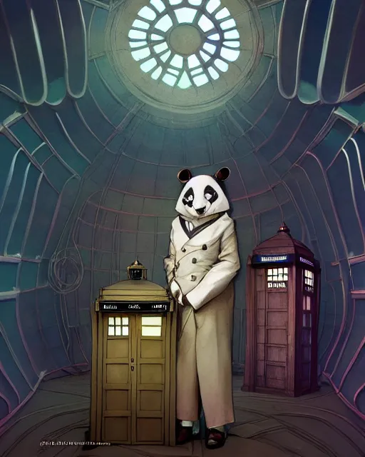 Prompt: anthropomorphic art of a detective panda inside tardis, victorian inspired clothing by artgerm, victo ngai, ryohei hase, artstation. fractal papersand books. highly detailed digital painting, smooth, global illumination, fantasy art by greg rutkowsky, karl spitzweg, doctor who