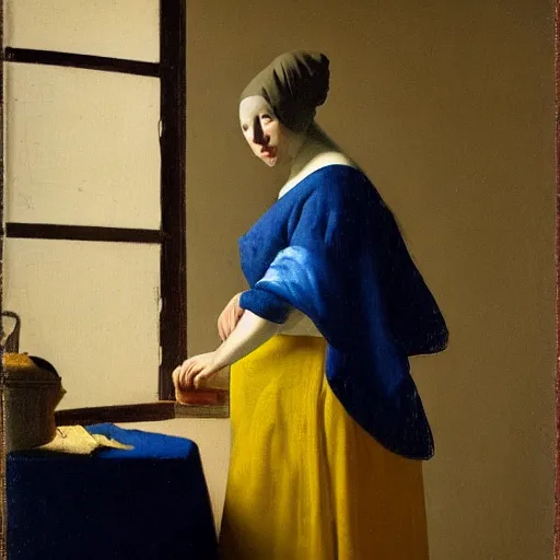 Prompt: woman in the style of Vermeer emerging from billowing fog