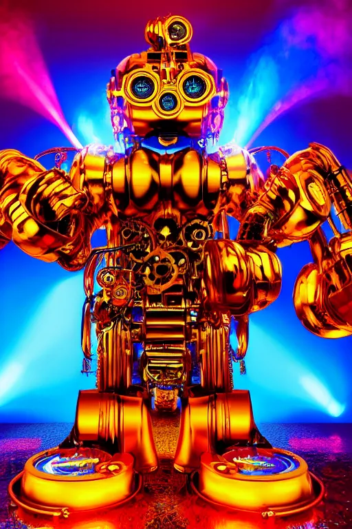 Image similar to portrait photo of a giant huge golden and blue metal humanoid steampunk robot dj with multicolored big gears and tubes, a red dj booth, eyes are glowing red lightbulbs, shiny crisp finish, 3 d render, 8 k, insaneley detailed, fluorescent colors, background is multicolored lasershow