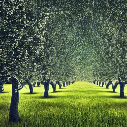 Prompt: photo of an orchard where the trees grow humans instead of fruits, photorealistic, futuristic, dystopian,