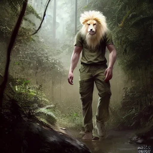 Image similar to commission portrait of a male anthro albino lion,wearing cargo pants and a boack t-shirt,going through a jungle cautiously.dramatic,character design by charles bowater,greg rutkowski,ross tran,hyperdetailed,hyperrealistic,4k,deviantart,artstation,professional photography,concept art