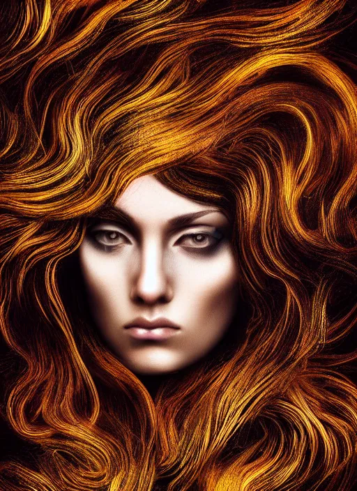 Image similar to dramatic digital art of a woman with super wavy snake goldened marble hair. moody and melanchonic.