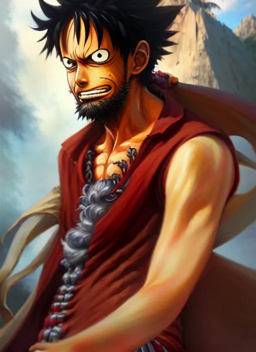 Image similar to luffy as fantasy style portrait painting of middle eastern male brown wavy hair beard rpg dnd oil painting unreal _ 5 _ daz. _ rpg _ portrait _ extremely _ detailed _ artgerm _ greg _ rutkowski _ greg