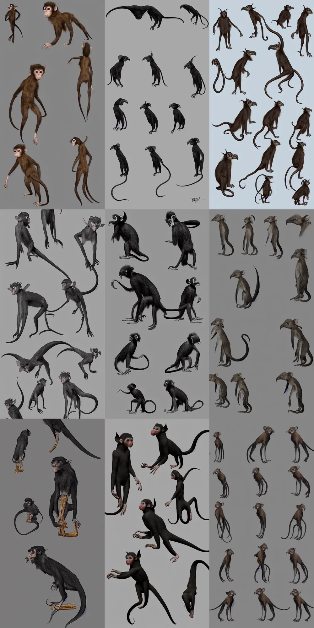 Prompt: long - eared monkey - crow! - squid creatures, contact sheet, pose sheet, concept art, poses, studies