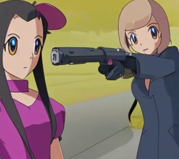 Image similar to marnie from pokemon pointing a gun at viewer