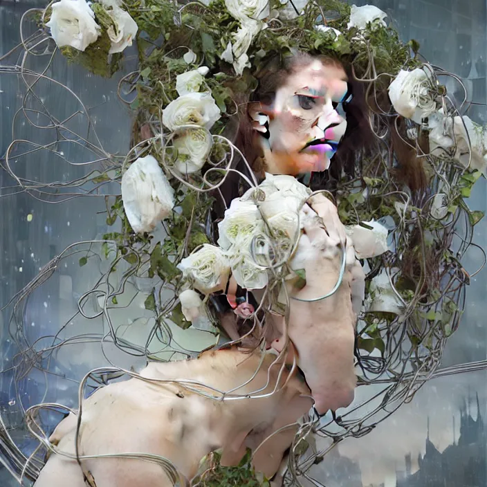 Image similar to hyperrealist portrait of a 2 0 4 4 space sport engineer, it is decorated with long wires and white roses that fall like vines and wears a huge computer crown. by jeremy mann and alphonse mucha, fantasy art, photo realistic, dynamic lighting, artstation, poster, volumetric lighting, very detailed faces, 4 k, award winning